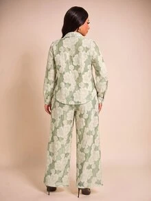 Brilight Floral Embossed Lapel Long Sleeve Button Shirt High Waist Wide Leg Pants For Vacation Brunch Daily O - Green - View 2