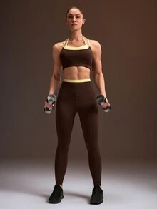 Powerista Women's Brown Sports Bra & Tight 9/10 Leggings Workout Set - Brown - View 5
