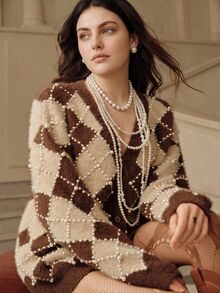 Anewsta Women's Plus Size Coffee & Apricot Color Block Pearl Faux Mink Fur V-Neck Knit Cardigan Sweater Jacket, Autumn/Winter - Coffee Brown - View 4