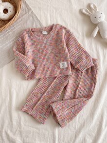 SHEIN Playful Pals Baby Girl T Shirt Set Waffle Top Winter Fall Winter Knit Long Sleeve Thick Pants Grey Camel Pattern Sets Matching Sets - Multicolor - View 4