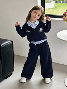 SHEIN Elladie kids Young Girls Long Sleeve T-Shirt Set, New Fall Styles, Autumn, Holiday, Back To School, Navy Blue College Style Contrasting Seal Bow Lapel Sweatshirt - Navy Blue - View 1