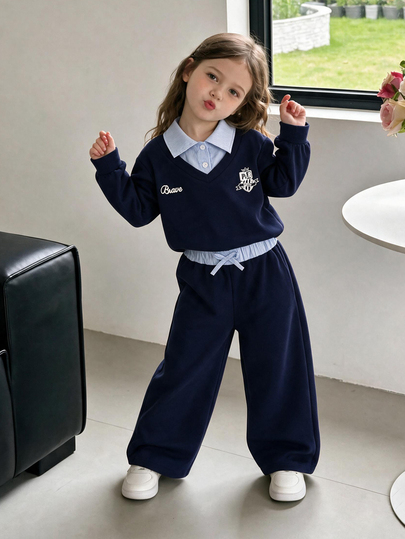 SHEIN Elladie kids Young Girls Long Sleeve T-Shirt Set, New Fall Styles, Autumn, Holiday, Back To School, Navy Blue College Style Contrasting Seal Bow Lapel Sweatshirt