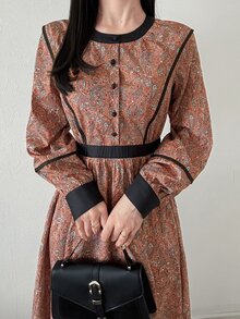 FRIFUL Women's Rust Round Neck Long Sleeve Button Half-Placket Casual Vintage Elegant Midi Dress Brunch High Tea Autumn Winter High Tea Date Night - Brown - View 4
