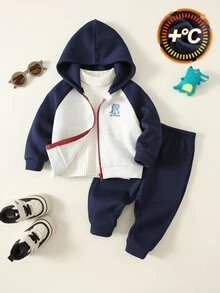SHEIN 2pcs Baby Boy Autumn/Winter Cartoon Pattern Knit Soft Hooded Long Sleeve Open Front Jacket & Loose Pants Set, Sweatshirt Set, Jacket Set, Infant Set, Autumn/Winter Set - Multicolor - View 6