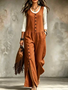 SHEIN Women's Solid Color Button Front Pocket Wide Leg Sleeveless Jumpsuit - Orange - View 4