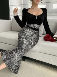 DAZY 女款 2 合 1 V 領中長洋裝 晚宴派對夜穿 黑色與銀色 秋季優雅 - 黑色 - 查看 1