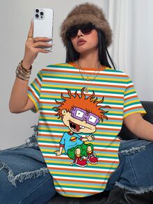 Nick 90s | SHEIN Kaos Kasual Lengan Pendek Leher Bulat Motif Kartun Garis-garis untuk Wanita Ukuran Besar - Putih - View 9