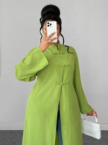 Maweii Cardigan Panjang Terbuka Depan Gaya Cheongsam Cina Ukuran Plus untuk Musim Gugur - Hijau - View 5