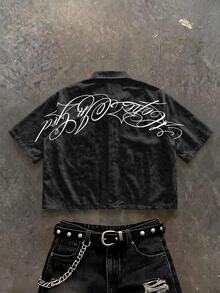 Manfinity ZONE917 Men's Letter Print Cropped Shirt - Black - View 6
