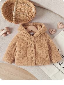 SHEIN Newborn Cute 3D Bear Fabric Double-Sided Plush Hooded Open Front Winter Jacket - Brown - View 4