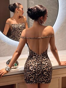 Slaydiva Leopard Print Off-Shoulder Backless Mini Dress - Multicolor - View 2