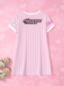 THE POWERPUFF GIRLS X SHEIN Young Girl Letter Stripe Print Round Neck Short Sleeve T-Shirt - White - View 2