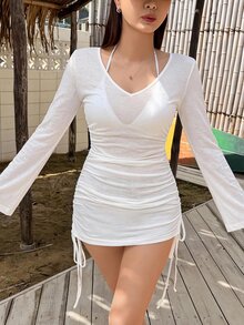 DAZY 女款V領韓風度假長袖T恤 秋季 - 白色 - 查看 4