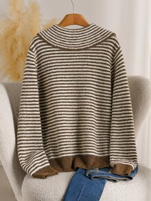 CosyJoli Women's Ribbed Asymmetrical Oversized Collar Knit Sweater, Ribbed Long Sleeve Top, Autumn/Winter - Brown - View 2