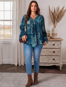 EMERY ROSE Plus Size Autumn Casual Paisley Print Shirt - Multicolor - View 5