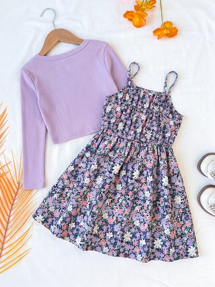 Setelan Liburan Kasual Vintage 2 Potong untuk Anak Perempuan: Kardigan Rajut Bergaris Ungu Lengan Panjang & Gaun Cami Motif Bunga Kecil yang Mengencangkan Pinggang - Mauve Purple - View 2