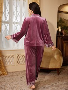 PalaceNights Heavy Embroidery Lace Trim Winter Velvet Plus Size 2 Pieces Pajama Set - Purple - View 2