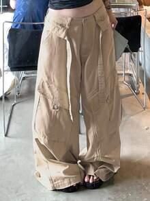Dazy Plus Heavy-Duty Design Large Pocket Loose Wide-Leg Casual Street Long Denim Jeans - Beige - View 1