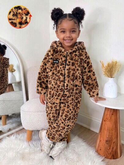 Elladie kids Girls' Leopard Print Fleece Hooded Jumpsuit, Thickened Long Sleeve Zipper One-Piece Outfit For Winter