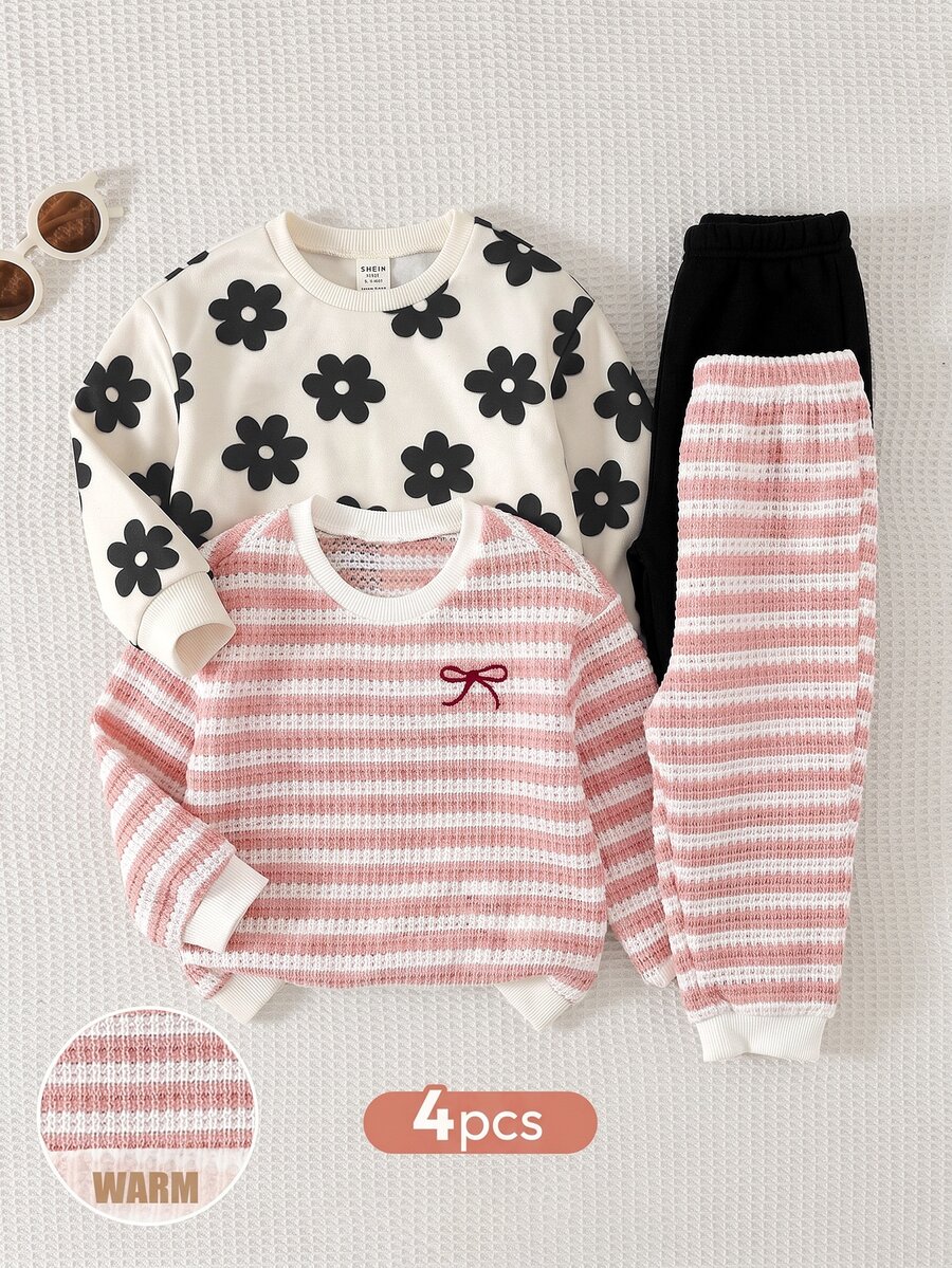 SHEIN Babygirl Floral Pattern Striped Pattern Long Sleeve Sweatshirt Elastic Waist Long Pants 4pcs Set - Pink - View 1