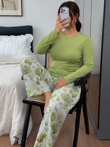 Dazy Plus 2pcs Solid Color Slim Fit Long Sleeve Top & Patterned Long Pants Loungewear Pajama Set, Spring Summer Autumn - Mint Green - View 3