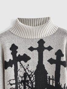 ROMWE Goth Dark Vintage Plus Size Women's Knit Sweater, Cross & Graveyard Print, High Neck, Loose Fit, Long Sleeve, Pullover, Halloween Street Style - Light Grey - View 3