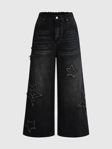ROMWE Grunge Punk Punk Street Style Plus Size Women's Jeans, Star Patchwork Design Wide Leg Vintage Distressed Denim Pants - Black - View 1