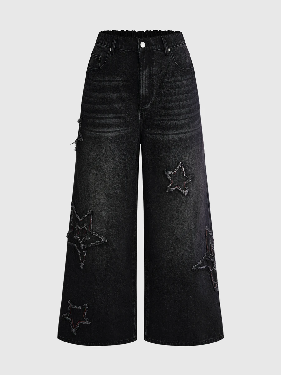 ROMWE Grunge Punk Punk Street Style Plus Size Women's Jeans, Star Patchwork Design Wide Leg Vintage Distressed Denim Pants - Black - View 1
