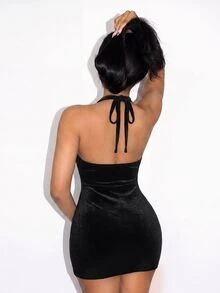 BamGleam Gaun Wanita Warna Polos dengan Desain Berongga dan Sambungan Cincin Seksi Model Halter Neck untuk Halloween, Klub Malam, dan Acara Musim Panas - Hitam - View 4