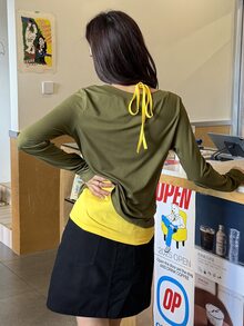 K-Vae Ixux 女款純色 V 領長袖 T 恤與掛脖背心 2 件套 - 軍綠色 - 查看 2
