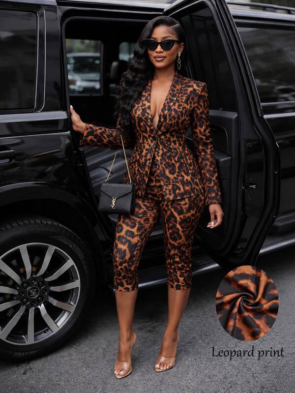 Brilight Women Leopard Print Slim Fit Two Pieces Outfit, Tailored Blazer & Capri Pants Suit, Club Party Holiday Evening Fashion Set