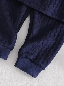 2pcs Baby Boy Comfortable Soft Thick Navy Blue Cable Knit Jacquard Fabric Ribbed Crew Neck Bear Graphic Applique Embroidery Ribbed Cuffs Pajama Set - Navy Blue - View 3