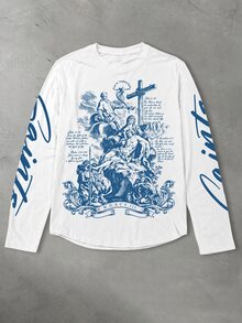 Manfinity EMRG 男士復古人像與十字圖案長袖T恤，圓領休閒街頭風日常穿搭，秋季新款 - 白色 - 查看 1