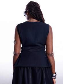 Solflare Plus Size Fashion Button Drawstring Tie Blazer Vest - Navy Blue - View 8