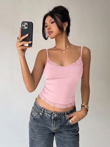 Aloruh 女款蕾絲拼接百褶休閒日常細肩帶背心上衣 - 淺粉色 - 查看 7