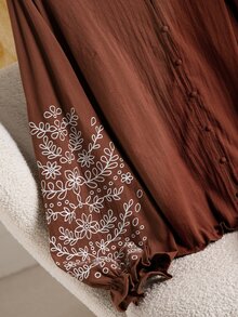 Lounesse Plus Size Autumn Casual Floral Embroidered Shirt - Brown - View 6