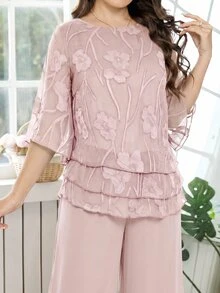Amorya 女款甜美鏤空不對稱下擺上衣與寬鬆長褲兩件套 - 粉色 - 查看 7