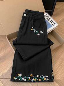 GlowEve 女款夏季花卉刺繡牛仔褲 - 黑色 - 查看 5