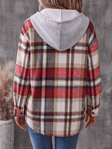 SHEIN Holidaya 女款格紋長袖單排扣休閒復古口袋連帽夾克，棕色格紋，適合感恩節、日常穿著與旅行，秋季款 - 紅色 - 查看 3