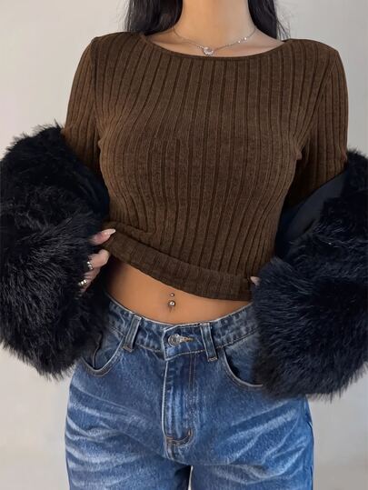 SHEIN BASICS Plus Size Women Solid Color Round Neck Long Sleeve Ribbed Casual T-Shirt