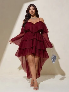 Viva Relle Plus Size Sexy Cold Shoulder Spaghetti Strap Front Short Back Long Burgundy Dress Fall - Burgundy - View 5