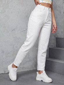 SHEIN ICON 女款休閒百搭丹寧Mom牛仔褲，附口袋 - 白色 - 查看 1