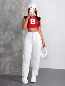 SHEIN ICON 女款休閒百搭丹寧Mom牛仔褲，附口袋 - 白色 - 查看 6