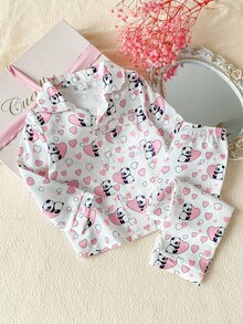 SHEIN 女童優雅甜美熊貓與愛心圖案休閒舒適長袖上衣＋長褲兩件式居家服套裝 - 粉色 - 查看 1