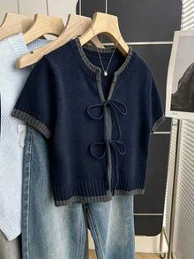 SHEIN Franclia 女款休閒寬鬆圓領短袖針織上衣，前綁帶設計搭配對比色飾邊，卡其色，春夏季 - 藏蓝色 - 查看 4