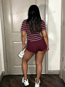 Slaydiva 女款夏季休閒條紋T恤短褲兩件套 - 酒紅色 - 查看 2