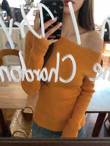 DAZY 女款秋季休閒純色不對稱領口露肩上衣毛衣 - 橘色 - 查看 7