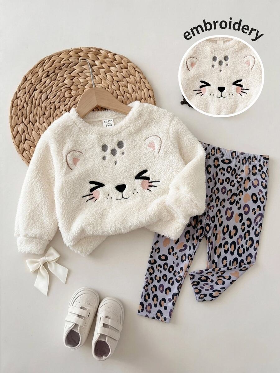 SHEIN Baby Girl Knitted Solid Color Faux Fur Cartoon Pattern Crew Neck Sweatshirt & Leopard Print Pants 2 Pieces Set - Multicolor - View 1