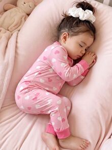 Infant Girl Comfortable Soft Heart Pattern Snug Fit Footed Romper, Cute Cow Print Long Sleeve Zippered Bodysuit, Soft Skin-Friendly Spring/Autumn Home Wear - Dusty Pink - View 5