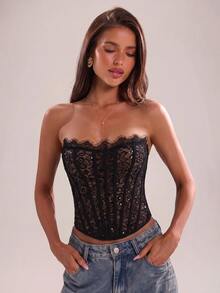 SHEIN BAE ملابس علوية نسائية بدون حمالات بتصميم دانتيل مرقع مثيرة ومتعددة الاستخدامات - الأسود - مشاهدة 3